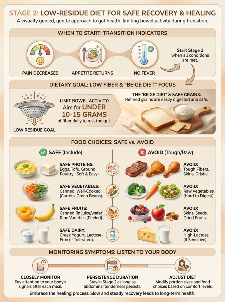 Infographic on low-residue diet for recovery, showing safe food choices, dietary goals, and monitoring symptoms.