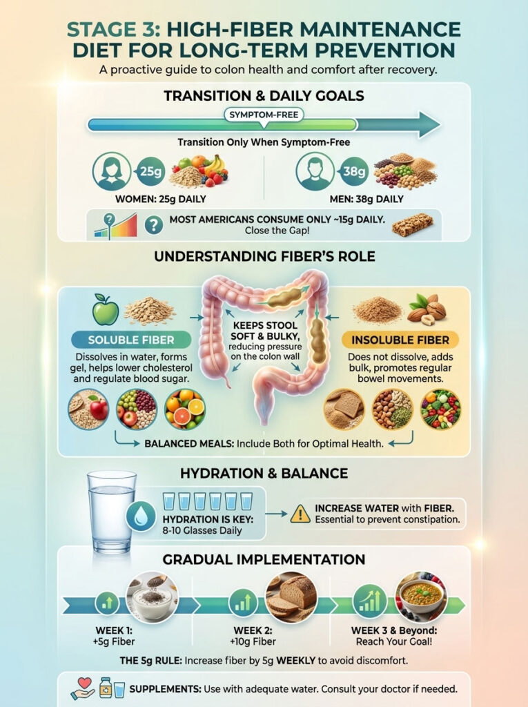 Infographic on high-fiber diet for colon health, detailing daily fiber goals, types of fiber, hydration, and implementation steps.