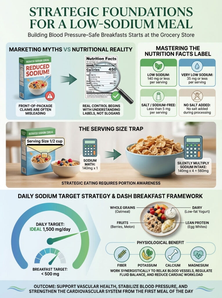 Infographic on low-sodium meals with nutrition facts, serving size math, and dietary guidelines for breakfast.