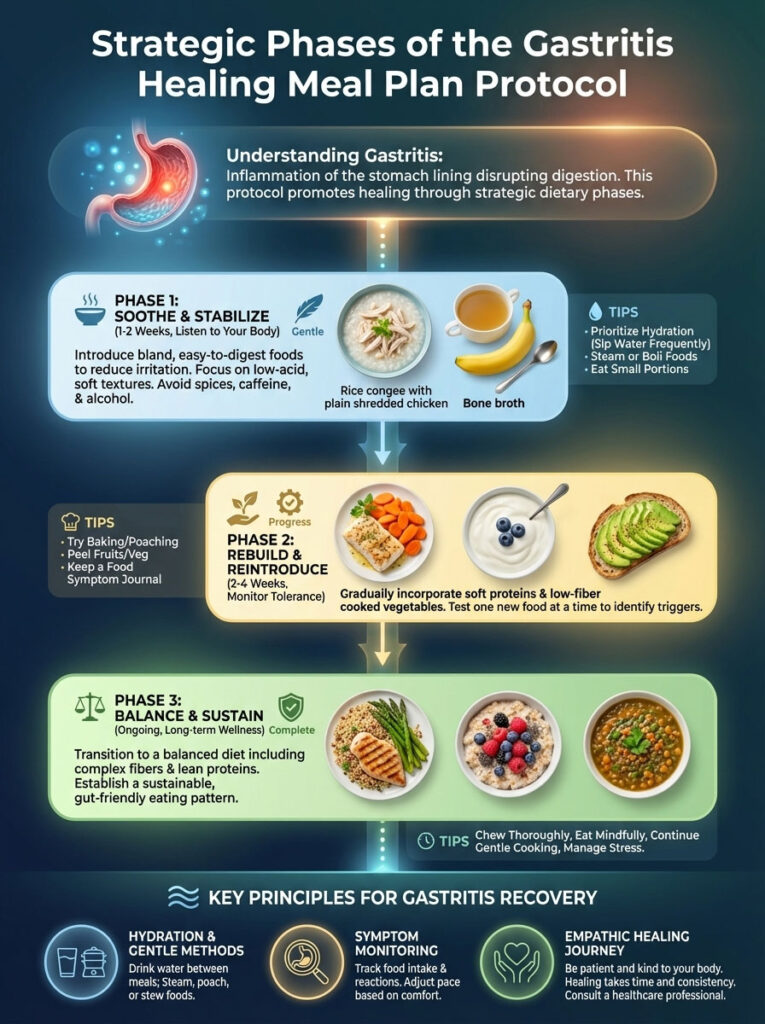 Infographic detailing the strategic phases of a gastritis healing meal plan, including tips and food examples.