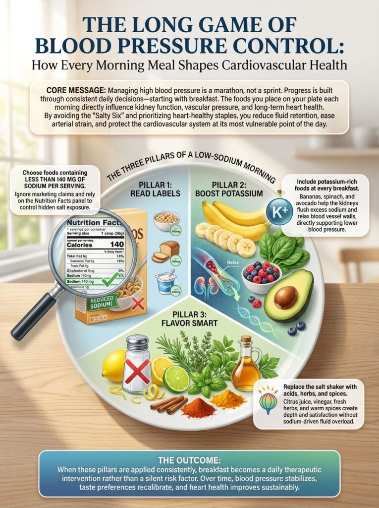 Infographic detailing blood pressure control through breakfast choices, featuring three pillars: Read Labels, Boost Potassium, Flavor Smart.