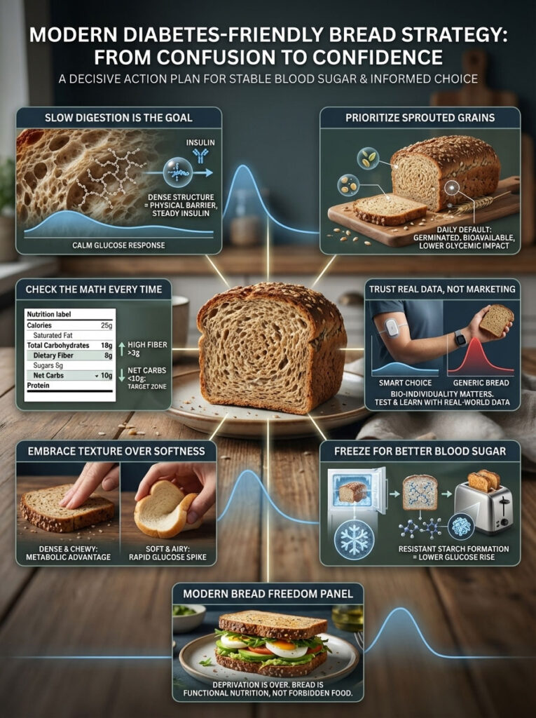Infographic on diabetes-friendly bread strategies, featuring tips on digestion, sprouted grains, and nutrition labels.