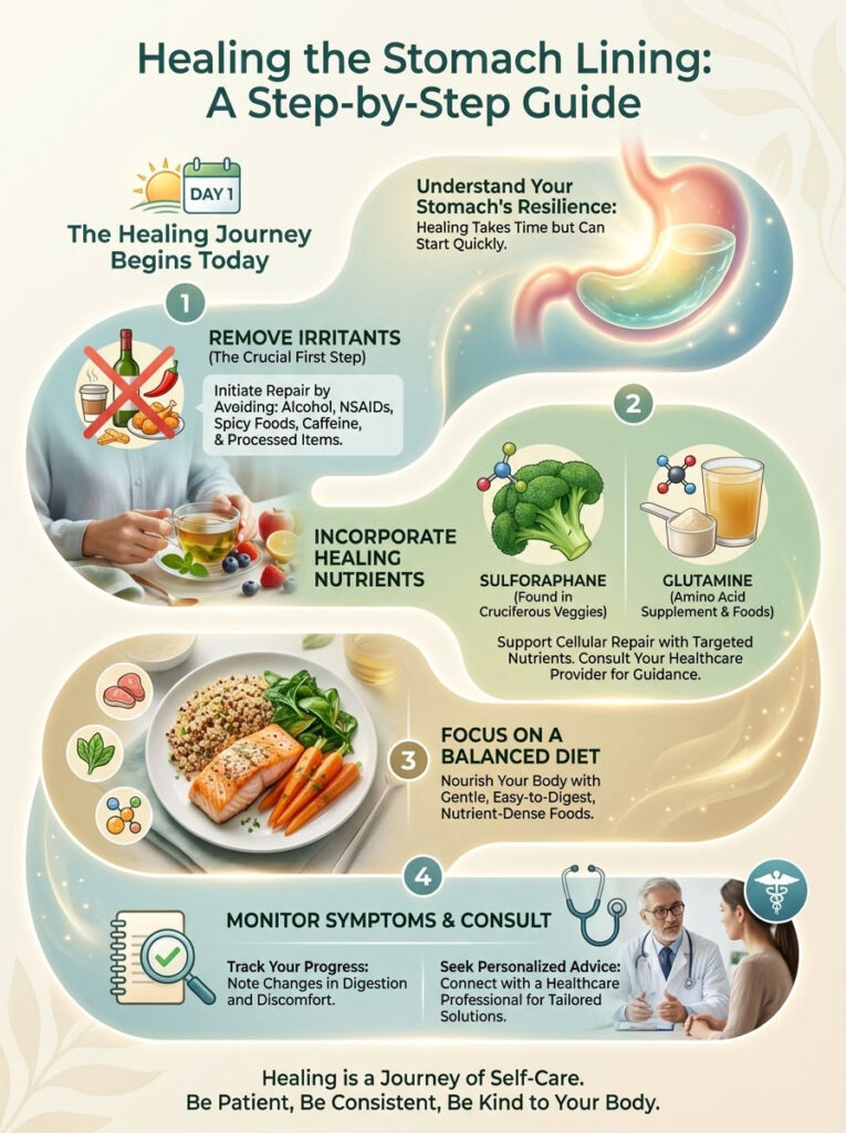 Infographic detailing steps to heal stomach lining, including removing irritants, incorporating nutrients, and monitoring symptoms.