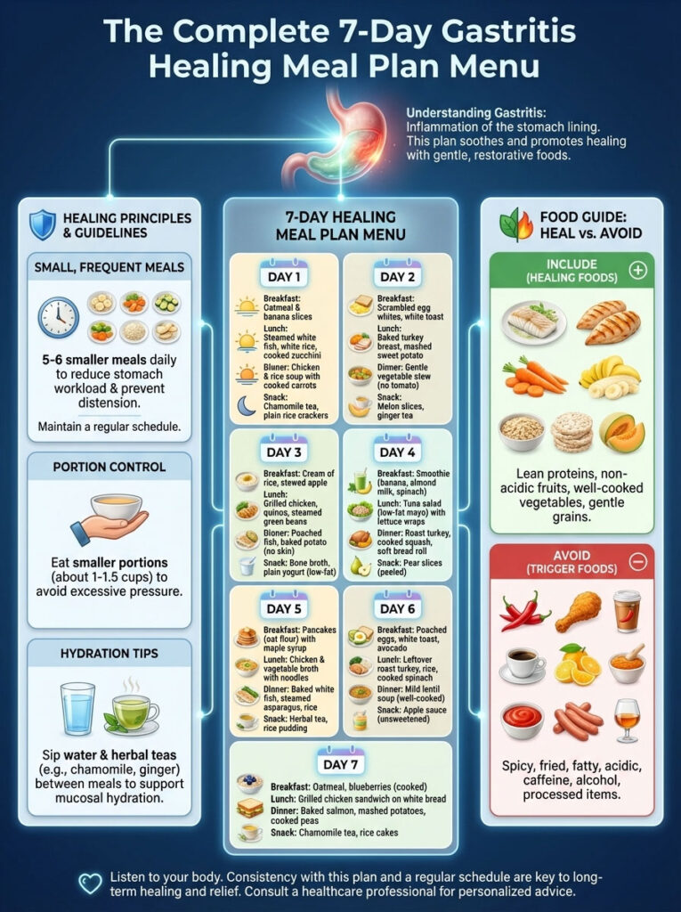 Infographic detailing a 7-day gastritis healing meal plan with menus, guidelines, and food recommendations.
