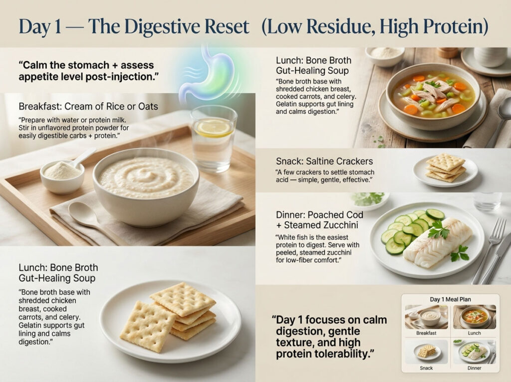 Day 1: The Digestive Reset (Low Residue, High Protein)