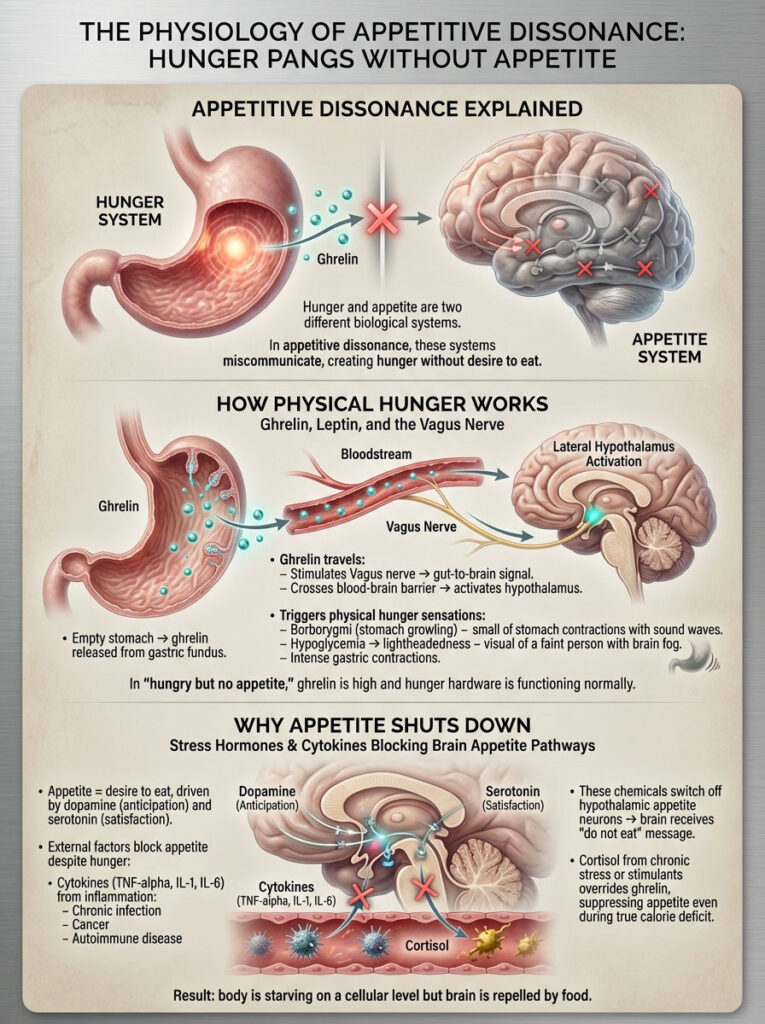 The Physiology of Appetitive Dissonance: Hunger Pangs Without Appetite