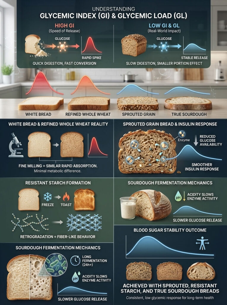 Infographic explaining glycemic index and load with bread types, charts, and enzyme effects on glucose release.