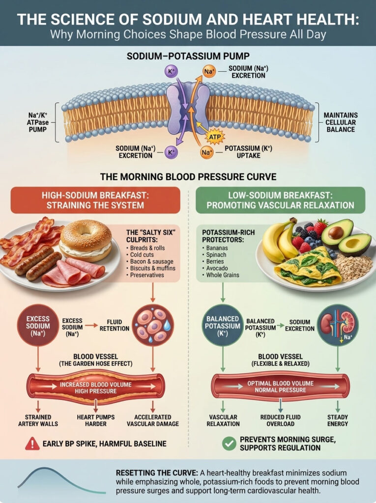 Infographic showing sodium-potassium pump, breakfast impacts on blood pressure, and food examples for heart health.