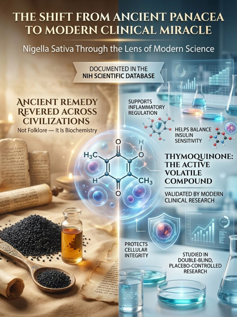 Infographic showing Nigella Sativa's benefits, including Thymoquinone, with charts and scientific data on health effects.