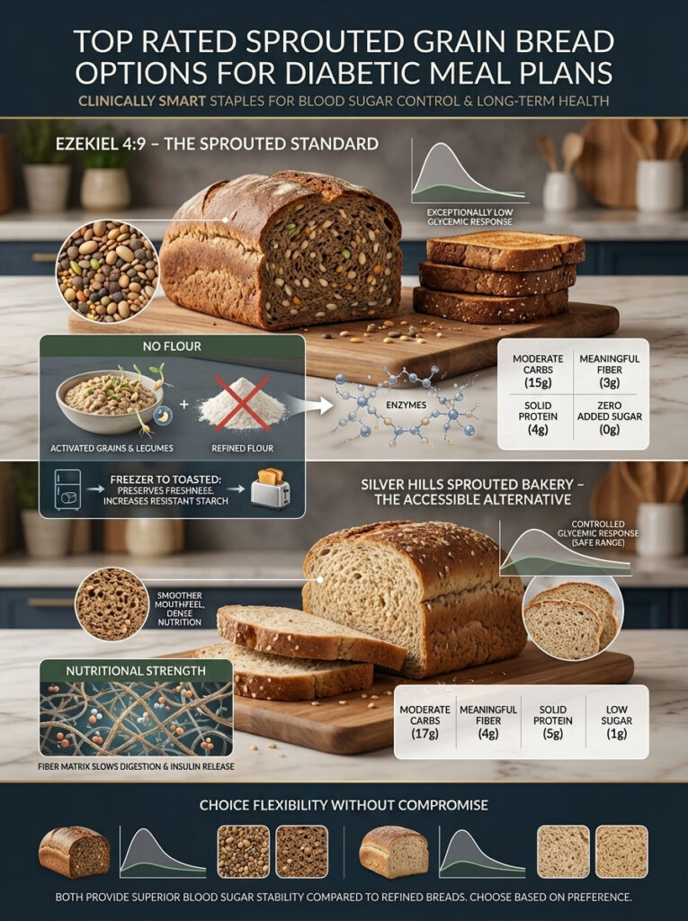 Infographic comparing Ezekiel 4:9 and Silver Hills sprouted grain breads for diabetics, showing nutritional data and benefits.