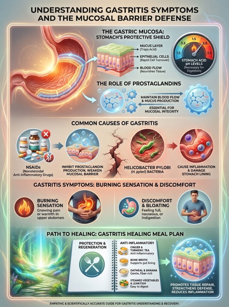 Infographic explaining gastritis symptoms, causes, and healing meal plan with illustrations and data points.