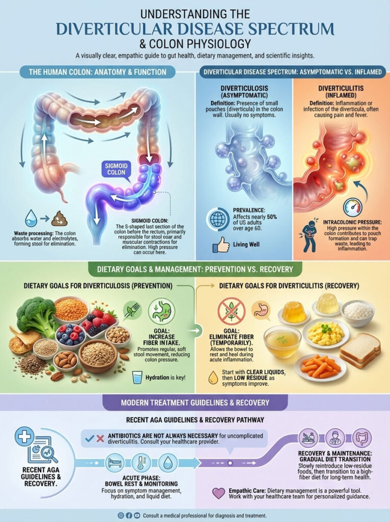 Infographic illustrating diverticular disease spectrum, colon anatomy, dietary goals, and treatment guidelines.