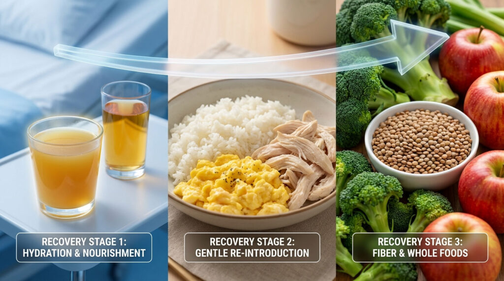 Three stages of recovery nutrition: hydration drinks, rice with chicken and eggs, and fruits with vegetables.