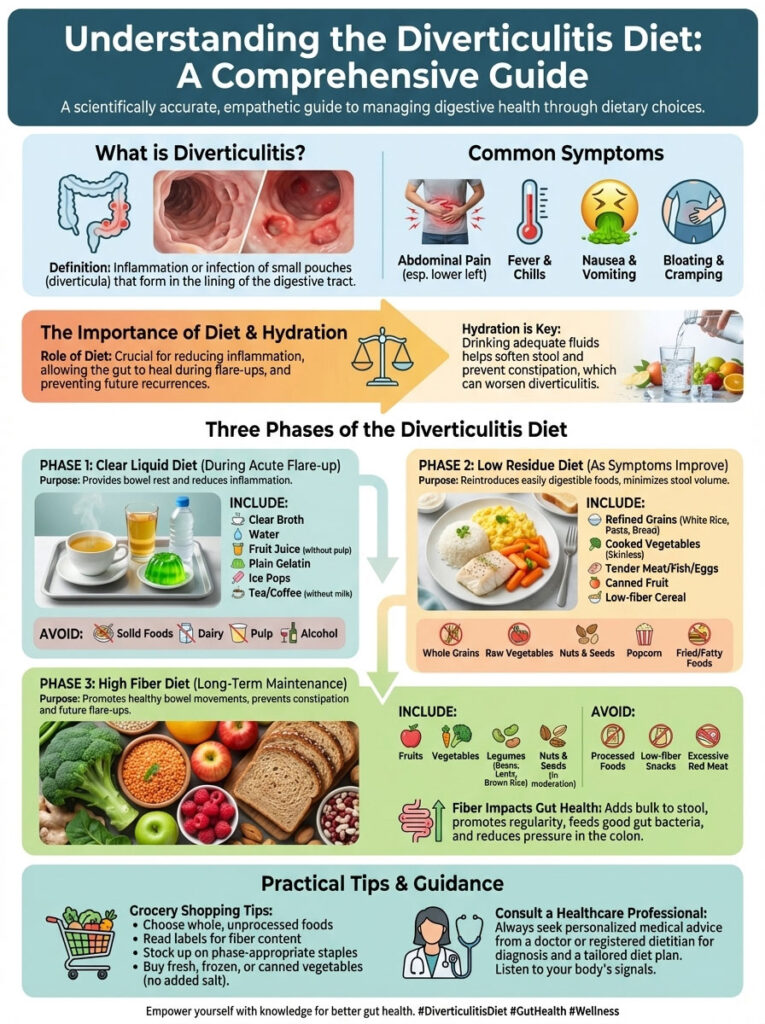 Infographic explaining diverticulitis diet phases, symptoms, hydration importance, and grocery tips with illustrations.