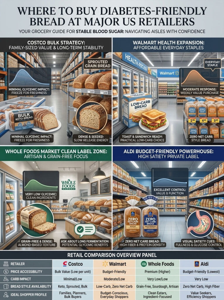 Infographic showing diabetes-friendly bread options at major US retailers with charts and key data points.