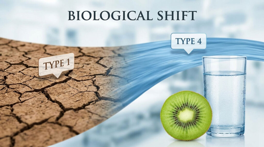 A split image showing dry cracked earth on one side and a glass of water with a kiwi on the other side.