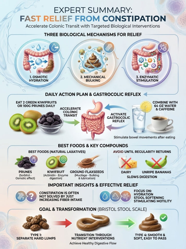 Infographic showing fast relief from constipation with biological mechanisms, daily action plan, and best foods.