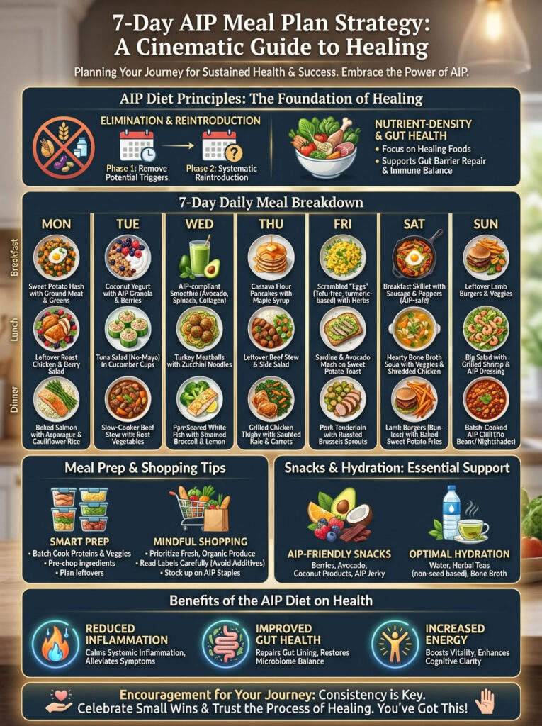 AIP meal plan infographic detailing daily meals, prep tips, and health benefits with colorful illustrations.