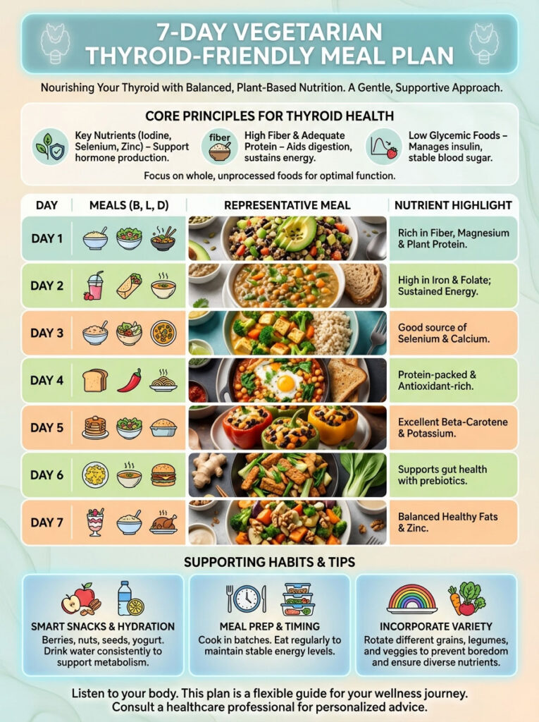 7-day vegetarian thyroid-friendly meal plan with meals, nutrient highlights, and supporting tips.