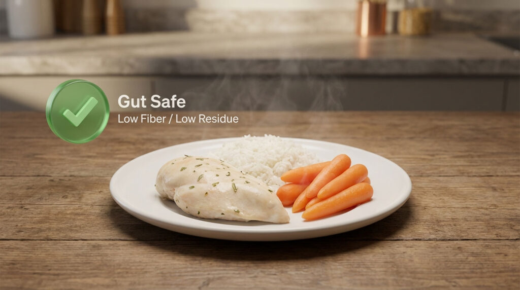 A plate with steamed chicken, rice, and carrots on a wooden table, with a green checkmark symbol indicating gut safety.