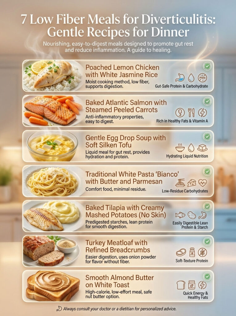 Infographic showing 7 low fiber meals for diverticulitis with descriptions and nutritional benefits.