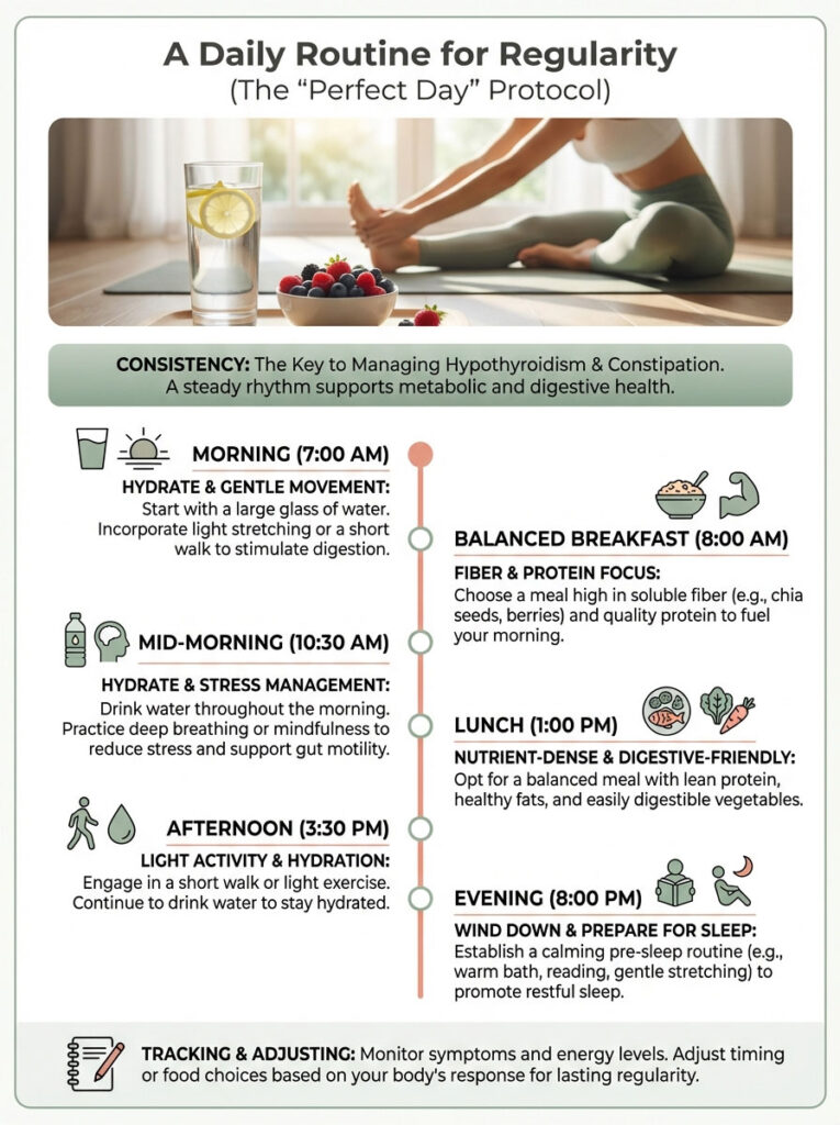 Infographic detailing a daily routine for managing hypothyroidism and constipation with hydration and meals.