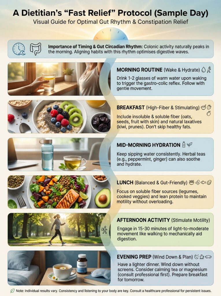 Infographic detailing a dietitian's "Fast Relief" protocol for gut health, including hydration and meal suggestions.