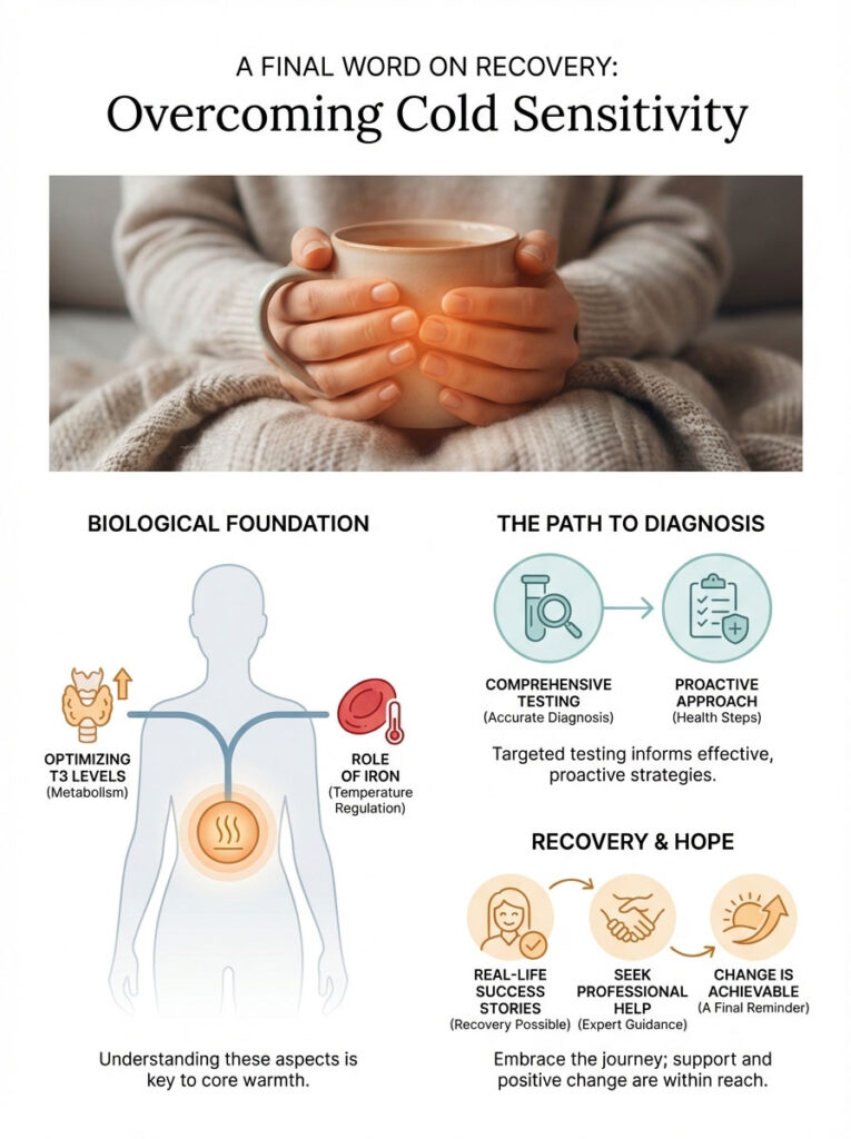 Infographic on overcoming cold sensitivity with sections on biological foundation, diagnosis, and recovery strategies.