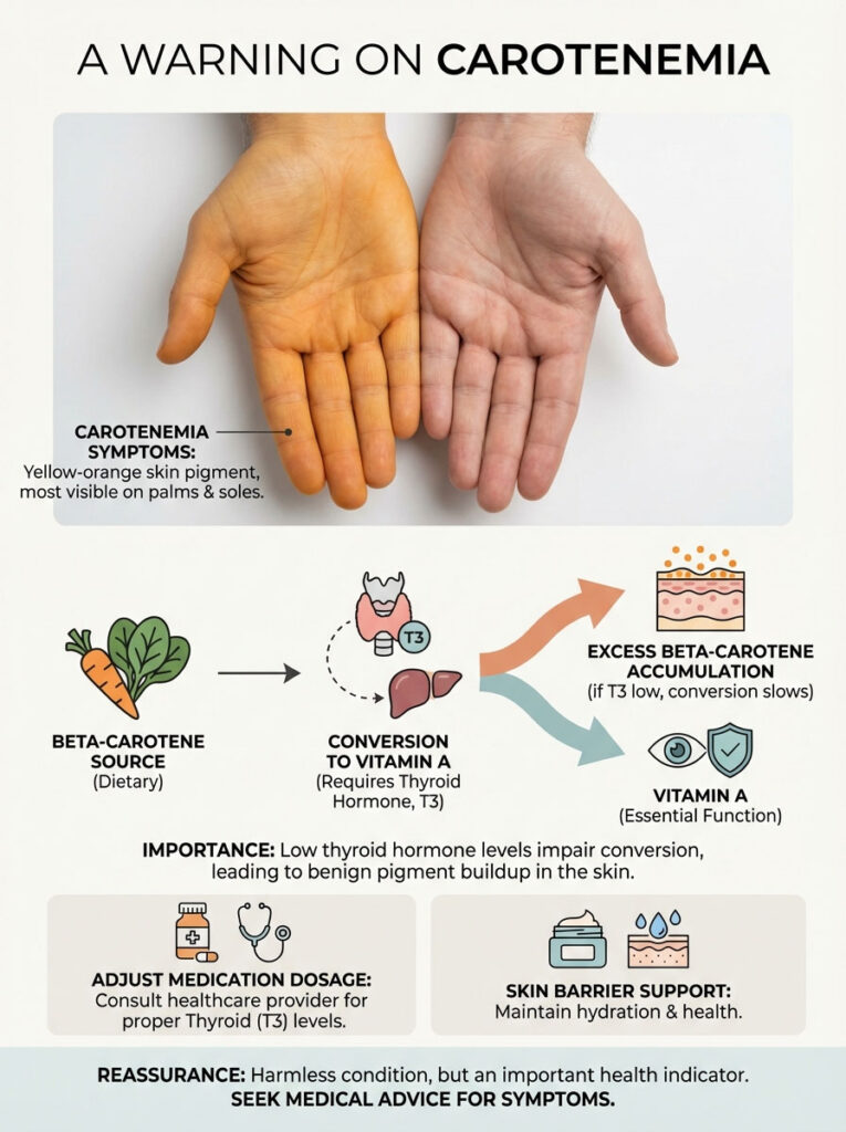 Hands showing carotenemia symptoms with yellow-orange pigment, dietary sources, and health advice infographic.