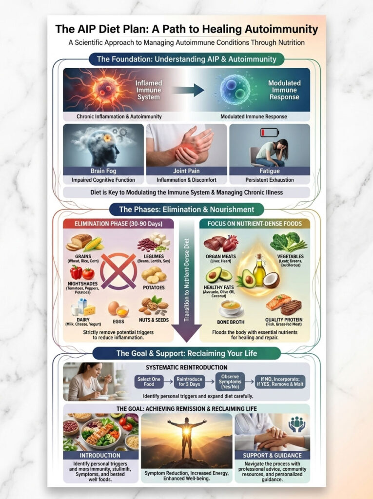 Infographic explaining the AIP diet plan, detailing phases, foods, and benefits for autoimmune healing.