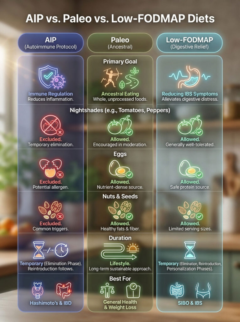 Comparison of AIP, Paleo, and Low-FODMAP diets with icons, text, and dietary guidelines. Infographic.