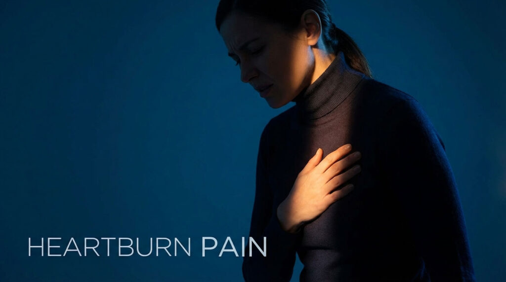 A woman in a dark turtleneck clutches her chest in pain against a blue background.