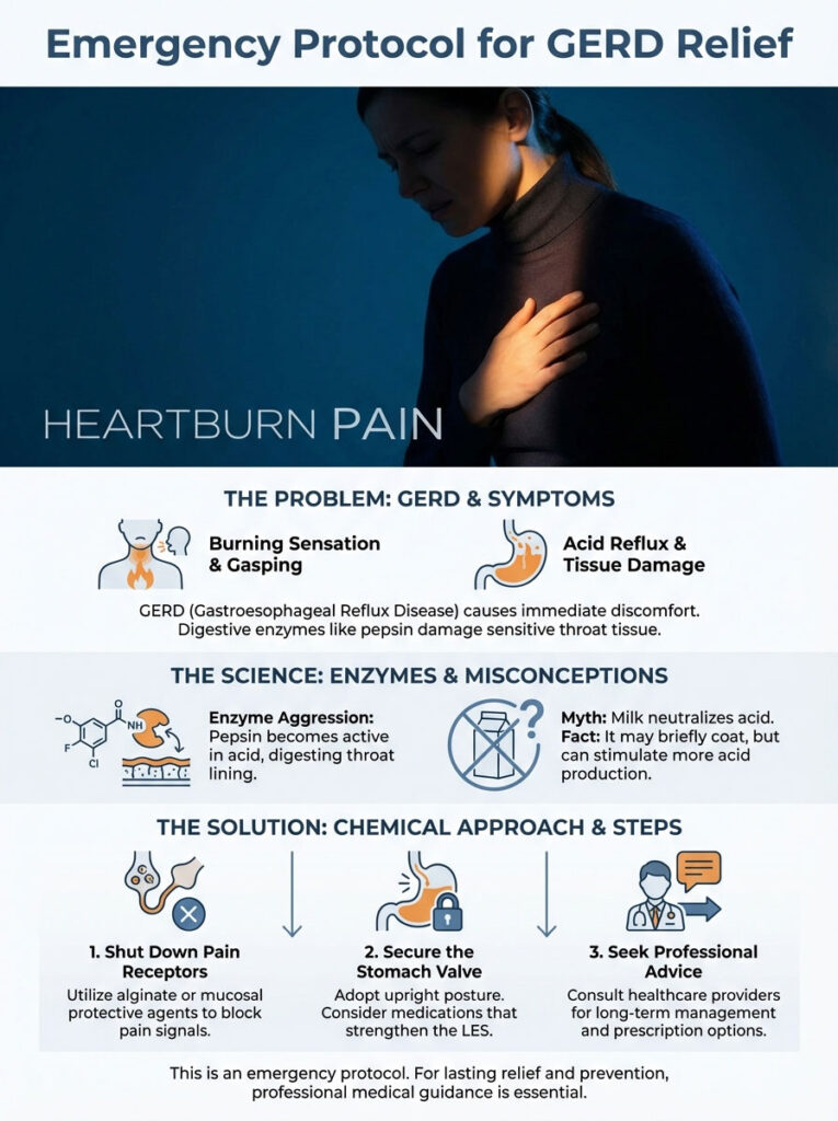 Woman experiencing heartburn pain; infographic outlines GERD symptoms, science, and solutions. Infographic.