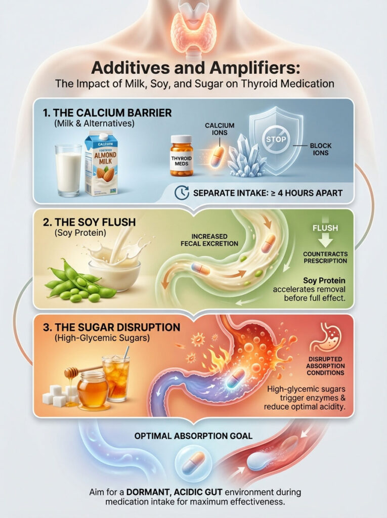 Infographic explaining the effects of milk, soy, and sugar on thyroid medication absorption with illustrations and text.