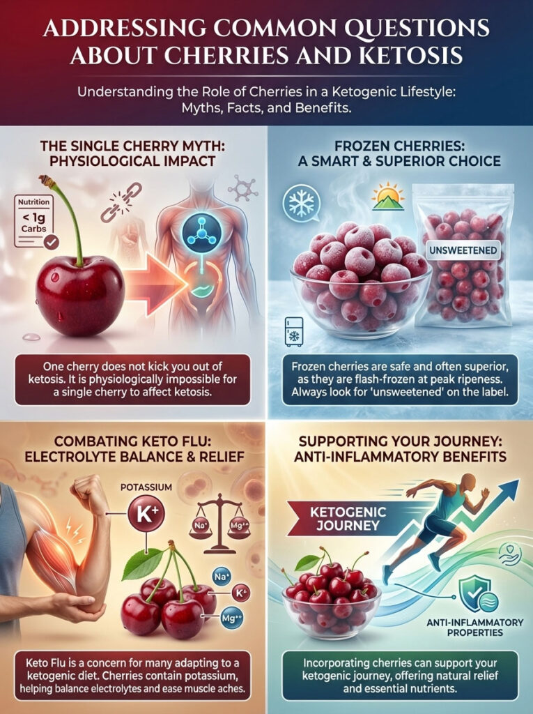 Infographic explaining cherries and ketosis, featuring myths, health benefits, and nutritional data with illustrations.