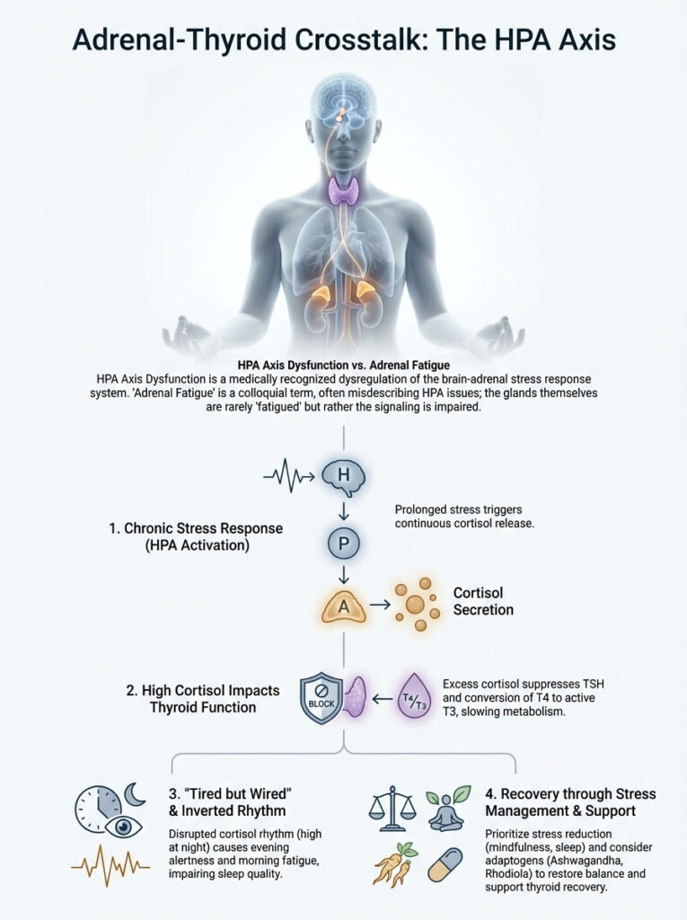 Infographic showing the HPA axis, chronic stress response, cortisol secretion, and thyroid function impacts.