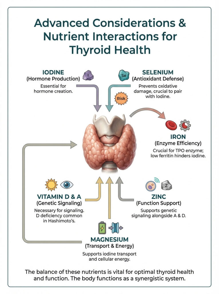 Infographic detailing nutrients for thyroid health, including iodine, selenium, iron, vitamin D, magnesium, and zinc.