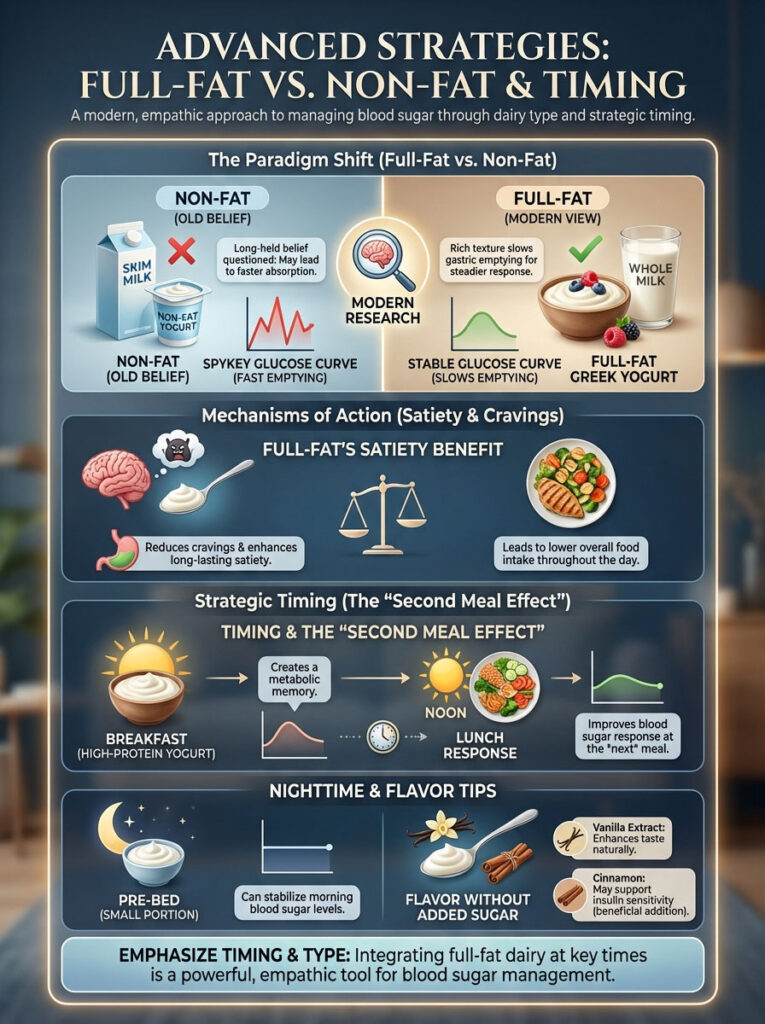 Infographic comparing full-fat and non-fat dairy, showing benefits for blood sugar management and satiety strategies.