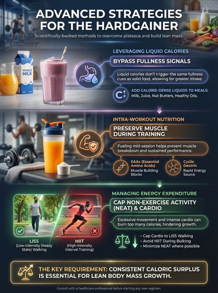 Infographic on advanced strategies for hardgainers, featuring liquid calories, intra-workout nutrition, and energy management tips.