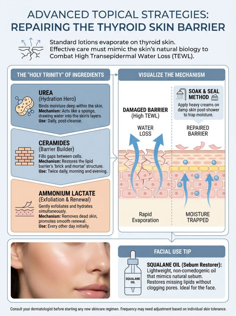 Infographic detailing strategies for repairing the thyroid skin barrier with key ingredients and methods.