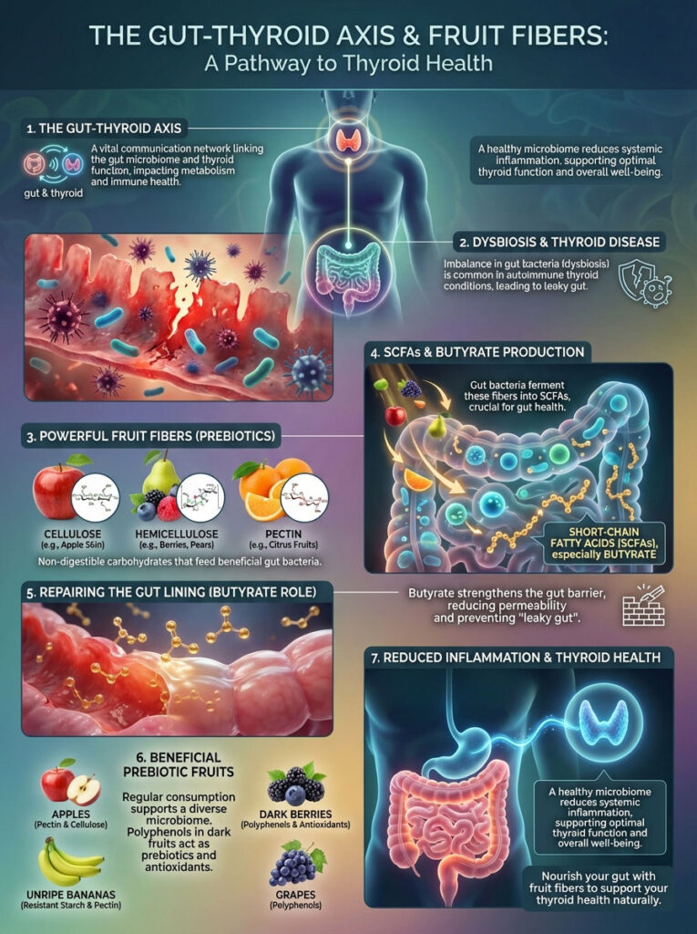 Infographic illustrating the gut-thyroid axis, highlighting gut health, prebiotic fibers, and their impact on thyroid health.