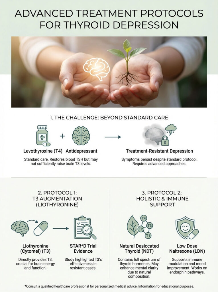 Infographic on advanced treatment protocols for thyroid depression, featuring brain and plant imagery, and treatment details.