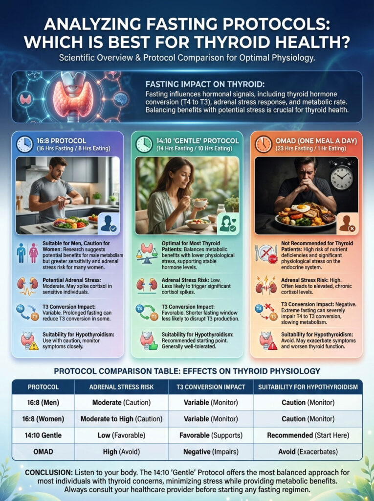 Infographic comparing fasting protocols for thyroid health, featuring charts, icons, and key data on 16:8, 14:10, and OMAD methods.