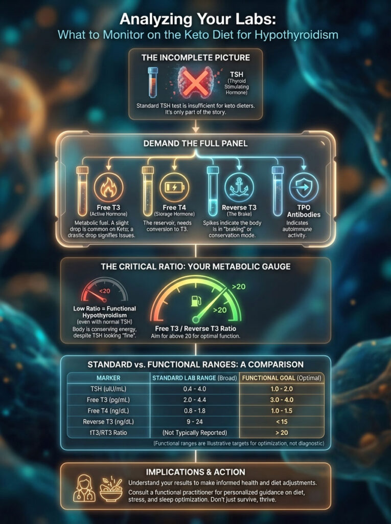 Infographic detailing lab tests for keto diet monitoring, including TSH, Free T3, Free T4, and Reverse T3.