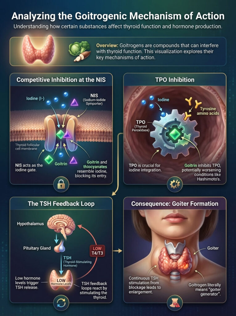 Infographic explaining goitrogenic mechanisms affecting thyroid function with diagrams and text on inhibition and goiter formation.