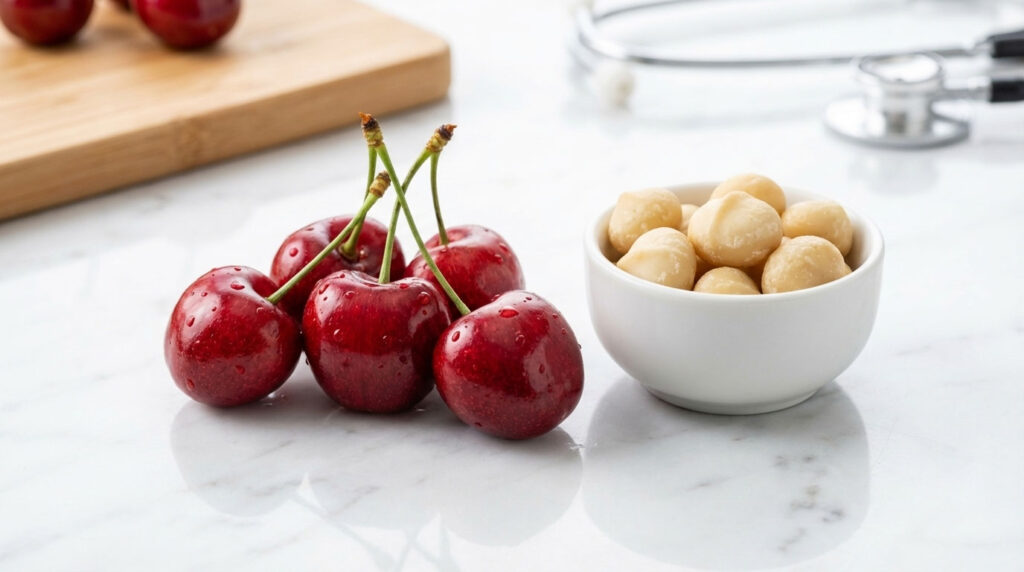 Fresh red cherries with water droplets next to a bowl of macadamia nuts on a marble surface.