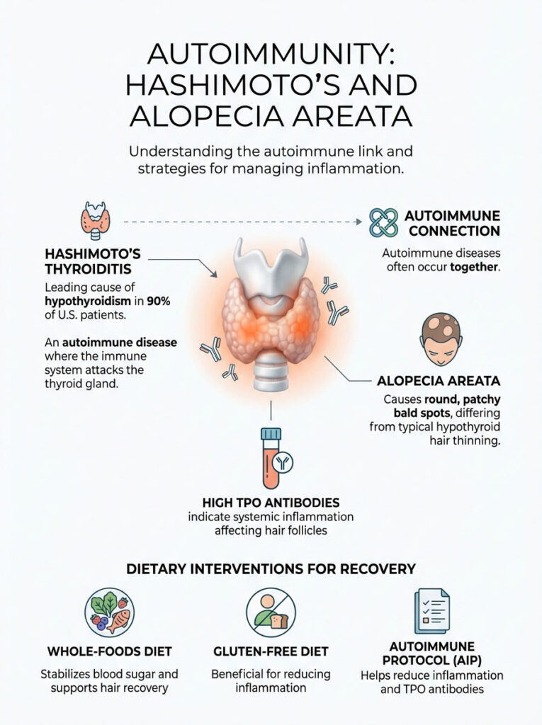 Infographic explaining Hashimoto's thyroiditis and alopecia areata, showing connections, symptoms, and dietary interventions.