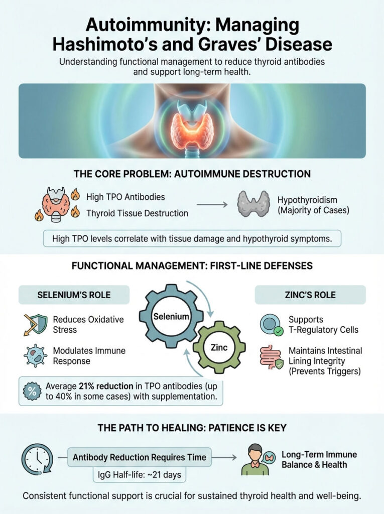Infographic on managing Hashimoto's and Graves' disease, detailing autoimmune destruction and functional management strategies.