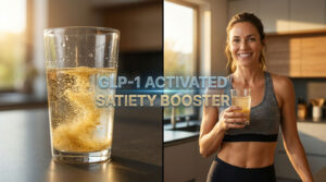 A woman holds a glass of fizzy drink labeled "GLP-1 Activated Satiety Booster" in a kitchen setting.