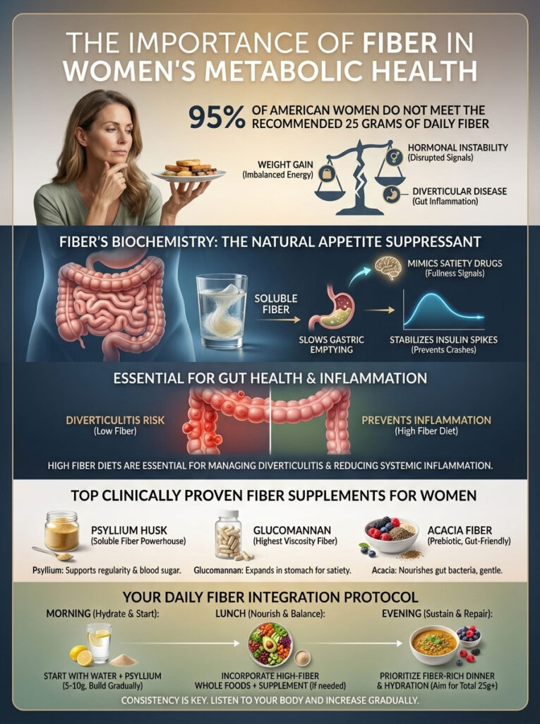 Woman contemplates fiber intake; infographic shows fiber's role in women's metabolic health and supplements.